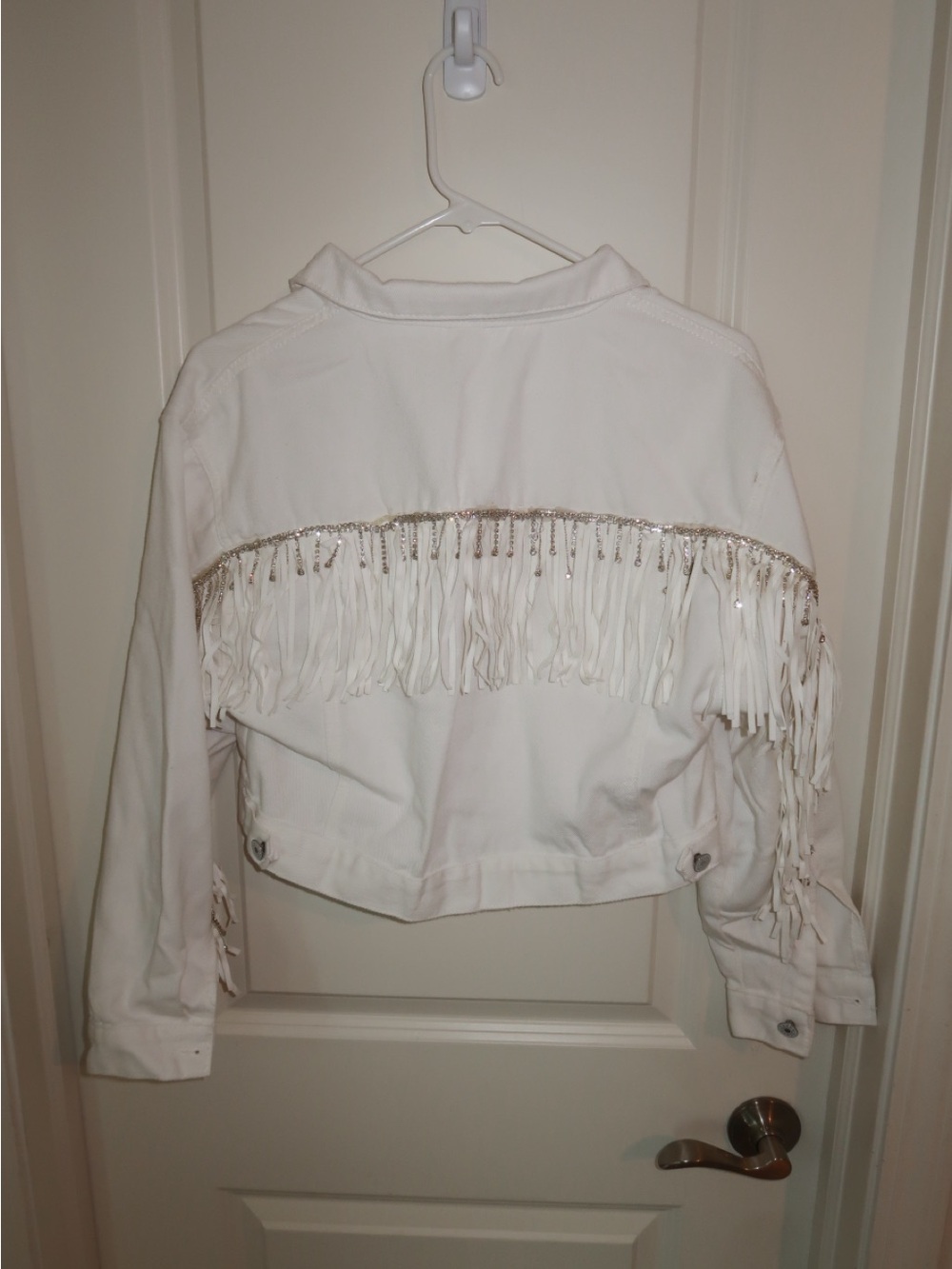 Cropped White Fringe Jacket with Sequin Trim